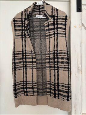 William Rast Beige and Black Plaid Open-Front Knit Vest
